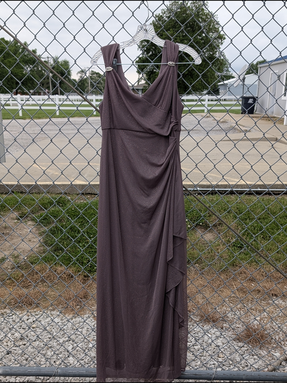 R&M Richards Dark Plum Sleeveless Draped Evening Gown